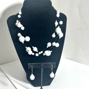 White Beaded Layered Illusion Necklace & Matching Leverback Earrings Boho Chic